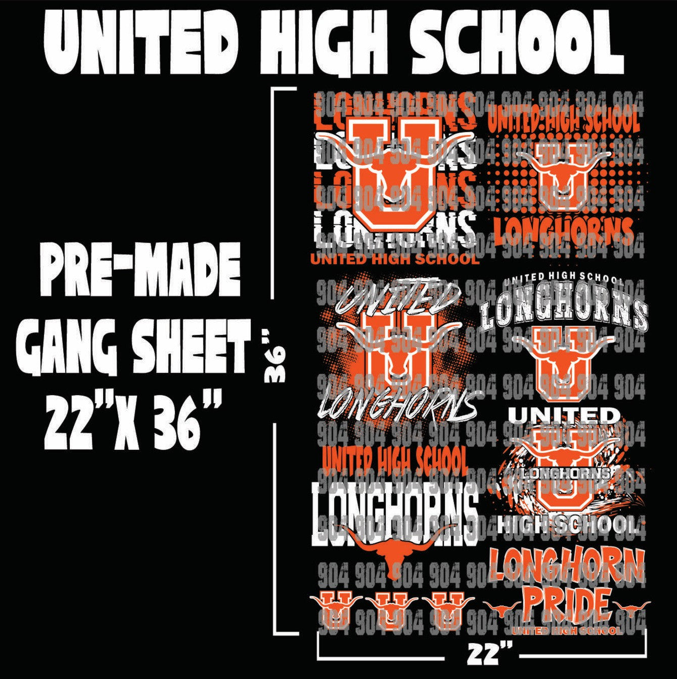 UNITED HIGH SCHOOL PREMADE GANG SHEET